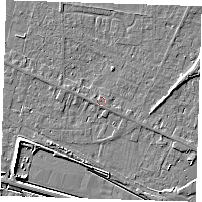 Shaded relief map of the ground around PE129SB, computed from Environment Agency LiDAR. The ground here sits at about 4 m above sea level and falls 7 m across the surrounding 800 m. Surface water reaching this point runs off ground lying to the south-east, 1.0 m higher.