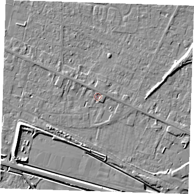 Shaded relief map of the ground around PE129SD, computed from Environment Agency LiDAR. The ground here sits at about 4 m above sea level and falls 7 m across the surrounding 800 m. Surface water reaching this point runs off ground lying to the north-north-west, 1.7 m higher.