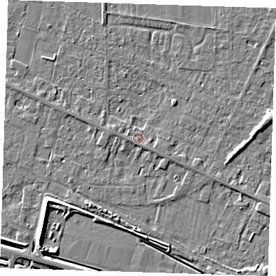 Shaded relief map of the ground around PE129SF, computed from Environment Agency LiDAR. The ground here sits at about 4 m above sea level and falls 7 m across the surrounding 800 m. Surface water reaching this point runs off ground lying to the south-east, 0.9 m higher.
