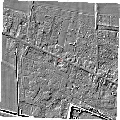 Shaded relief map of the ground around PE129SG, computed from Environment Agency LiDAR. The ground here sits at about 4 m above sea level and falls 7 m across the surrounding 800 m. Surface water reaching this point runs off ground lying to the west-north-west, 1.3 m higher.