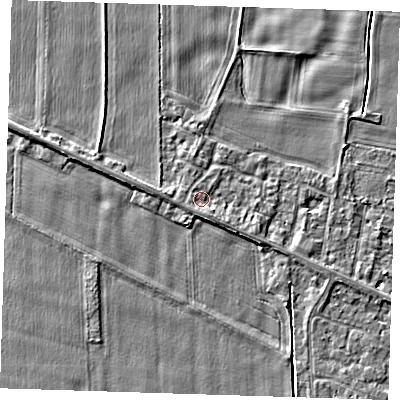 Shaded relief map of the ground around PE129SH, computed from Environment Agency LiDAR. The ground here sits at about 4 m above sea level and falls 3 m across the surrounding 800 m. Surface water reaching this point runs off ground lying to the south-south-east, 1.2 m higher.