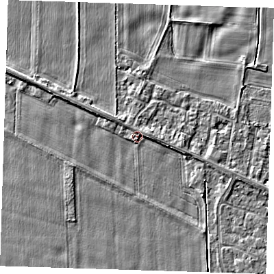 Shaded relief map of the ground around PE129SL, computed from Environment Agency LiDAR. The ground here sits at about 4 m above sea level and falls 3 m across the surrounding 800 m. Surface water reaching this point runs off ground lying to the south-west, 1.3 m higher.