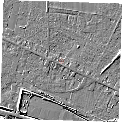 Shaded relief map of the ground around PE129SP, computed from Environment Agency LiDAR. The ground here sits at about 4 m above sea level and falls 7 m across the surrounding 800 m. Surface water reaching this point runs off ground lying to the north-east, 1.9 m higher.
