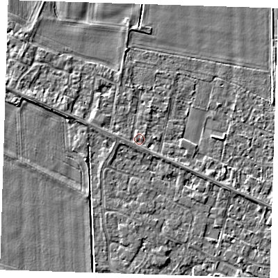 Shaded relief map of the ground around PE129SQ, computed from Environment Agency LiDAR. The ground here sits at about 4 m above sea level and falls 3 m across the surrounding 800 m. Surface water reaching this point runs off ground lying to the west, 0.7 m higher.