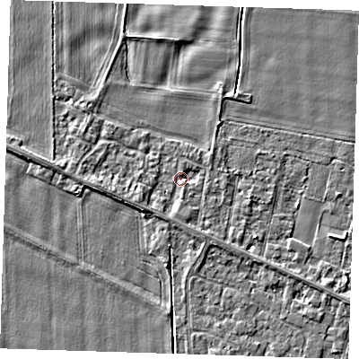 Shaded relief map of the ground around PE129SR, computed from Environment Agency LiDAR. The ground here sits at about 4 m above sea level and falls 3 m across the surrounding 800 m. Surface water reaching this point runs off ground lying to the west-south-west, 1.4 m higher.