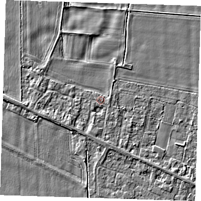 Shaded relief map of the ground around PE129SS, computed from Environment Agency LiDAR. The ground here sits at about 4 m above sea level and falls 3 m across the surrounding 800 m. The ground contributing surface water to this point lies to the east-south-east.