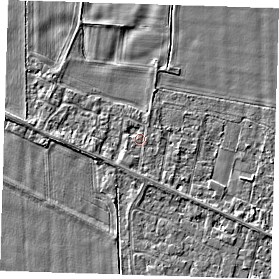 Shaded relief map of the ground around PE129ST, computed from Environment Agency LiDAR. The ground here sits at about 4 m above sea level and falls 3 m across the surrounding 800 m. Surface water reaching this point runs off ground lying to the south-south-west, 1.2 m higher.