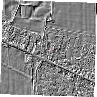 Shaded relief map of the ground around PE129SU, computed from Environment Agency LiDAR. The ground here sits at about 4 m above sea level and falls 3 m across the surrounding 800 m. Surface water reaching this point runs off ground lying to the south-west, 1.0 m higher.