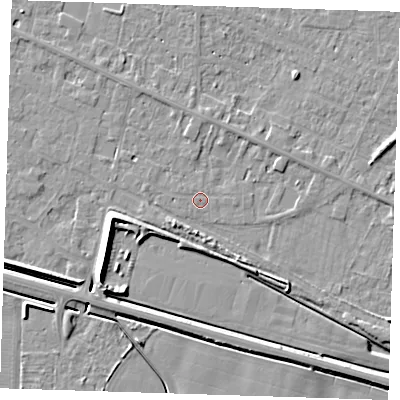 Shaded relief map of the ground around PE129SW, computed from Environment Agency LiDAR. The ground here sits at about 4 m above sea level and falls 7 m across the surrounding 800 m. Surface water reaching this point runs off ground lying to the south-west, 2.2 m higher.