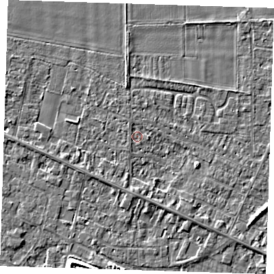 Shaded relief map of the ground around PE129SY, computed from Environment Agency LiDAR. The ground here sits at about 4 m above sea level and falls 6 m across the surrounding 800 m. Surface water reaching this point runs off ground lying to the south, 2.0 m higher.