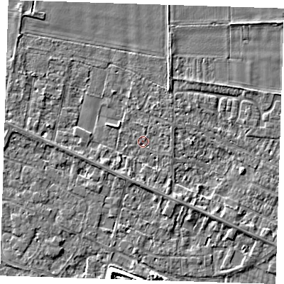 Shaded relief map of the ground around PE129TA, computed from Environment Agency LiDAR. The ground here sits at about 4 m above sea level and falls 6 m across the surrounding 800 m. Surface water reaching this point runs off ground lying to the south, 1.7 m higher.