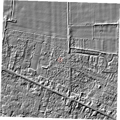 Shaded relief map of the ground around PE129TB, computed from Environment Agency LiDAR. The ground here sits at about 4 m above sea level and falls 3 m across the surrounding 800 m. Surface water reaching this point runs off ground lying to the east-north-east, 0.6 m higher.