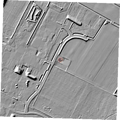 Shaded relief map of the ground around PE129TD, computed from Environment Agency LiDAR. The ground here sits at about 1 m above sea level and falls 8 m across the surrounding 800 m. Surface water reaching this point runs off ground lying to the north-north-west, 2.3 m higher.