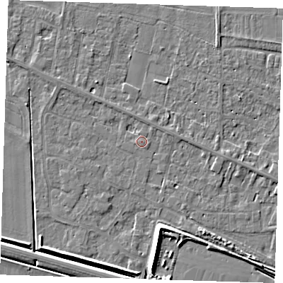 Shaded relief map of the ground around PE129TE, computed from Environment Agency LiDAR. The ground here sits at about 4 m above sea level and falls 7 m across the surrounding 800 m. Surface water reaching this point runs off ground lying to the north-west, 1.3 m higher.