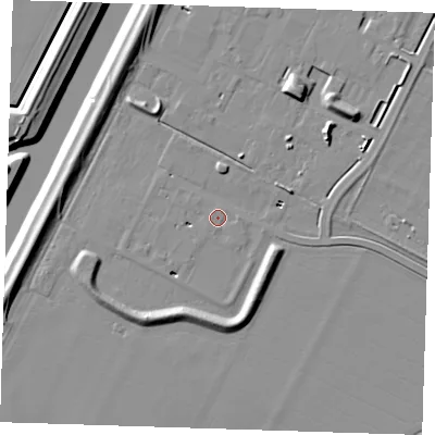 Shaded relief map of the ground around PE129TF, computed from Environment Agency LiDAR. The ground here sits at about 3 m above sea level and falls 9 m across the surrounding 800 m. Surface water reaching this point runs off ground lying to the west-south-west, 1.9 m higher.