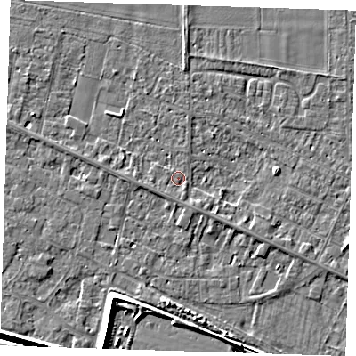 Shaded relief map of the ground around PE129TN, computed from Environment Agency LiDAR. The ground here sits at about 4 m above sea level and falls 7 m across the surrounding 800 m. Surface water reaching this point runs off ground lying to the south-west, 0.9 m higher.