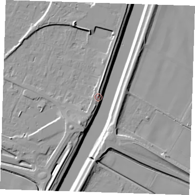 Shaded relief map of the ground around PE129TU, computed from Environment Agency LiDAR. The ground here sits at about 5 m above sea level and falls 11 m across the surrounding 800 m. Surface water reaching this point runs off ground lying to the south-south-west, 8.1 m higher.