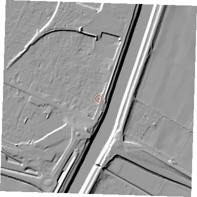 Shaded relief map of the ground around PE129TW, computed from Environment Agency LiDAR. The ground here sits at about 4 m above sea level and falls 11 m across the surrounding 800 m. Surface water reaching this point runs off ground lying to the north-east, 1.8 m higher.