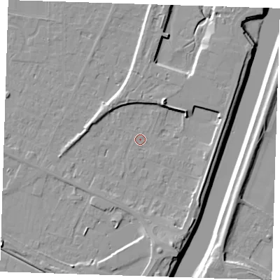 Shaded relief map of the ground around PE129TY, computed from Environment Agency LiDAR. The ground here sits at about 4 m above sea level and falls 11 m across the surrounding 800 m. Surface water reaching this point runs off ground lying to the north-north-east, 6.4 m higher.