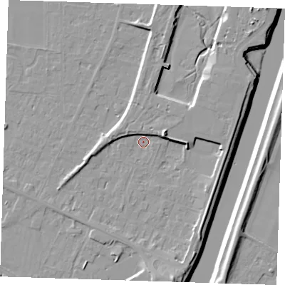 Shaded relief map of the ground around PE129TZ, computed from Environment Agency LiDAR. The ground here sits at about 4 m above sea level and falls 11 m across the surrounding 800 m. Surface water reaching this point runs off ground lying to the east-north-east, 6.4 m higher.
