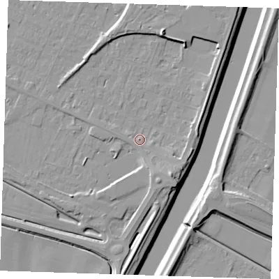 Shaded relief map of the ground around PE129UA, computed from Environment Agency LiDAR. The ground here sits at about 4 m above sea level and falls 11 m across the surrounding 800 m. Surface water reaching this point runs off ground lying to the south-east, 5.5 m higher.