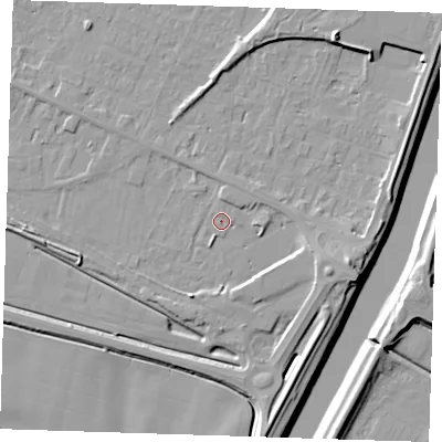 Shaded relief map of the ground around PE129UB, computed from Environment Agency LiDAR. The ground here sits at about 4 m above sea level and falls 11 m across the surrounding 800 m. Surface water reaching this point runs off ground lying to the south-south-west, 2.2 m higher.