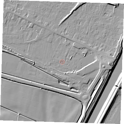 Shaded relief map of the ground around PE129UD, computed from Environment Agency LiDAR. The ground here sits at about 4 m above sea level and falls 10 m across the surrounding 800 m. Surface water reaching this point runs off ground lying to the east, 5.2 m higher.