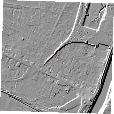 Shaded relief map of the ground around PE129UE, computed from Environment Agency LiDAR. The ground here sits at about 4 m above sea level and falls 11 m across the surrounding 800 m. Surface water reaching this point runs off ground lying to the east-north-east, 6.4 m higher.