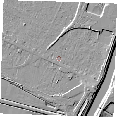 Shaded relief map of the ground around PE129UG, computed from Environment Agency LiDAR. The ground here sits at about 4 m above sea level and falls 11 m across the surrounding 800 m. Surface water reaching this point runs off ground lying to the north-east, 6.1 m higher.