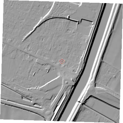 Shaded relief map of the ground around PE129UH, computed from Environment Agency LiDAR. The ground here sits at about 4 m above sea level and falls 11 m across the surrounding 800 m. Surface water reaching this point runs off ground lying to the south-south-east, 5.5 m higher.