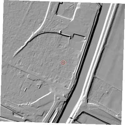 Shaded relief map of the ground around PE129UJ, computed from Environment Agency LiDAR. The ground here sits at about 4 m above sea level and falls 11 m across the surrounding 800 m. Surface water reaching this point runs off ground lying to the south, 5.5 m higher.
