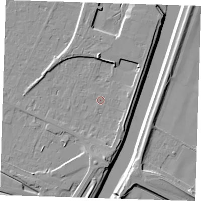 Shaded relief map of the ground around PE129UL, computed from Environment Agency LiDAR. The ground here sits at about 4 m above sea level and falls 11 m across the surrounding 800 m. Surface water reaching this point runs off ground lying to the south, 5.5 m higher.