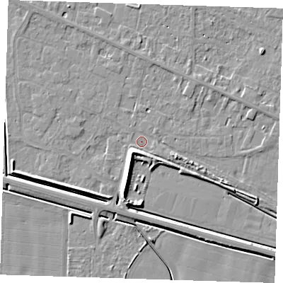 Shaded relief map of the ground around PE129UN, computed from Environment Agency LiDAR. The ground here sits at about 4 m above sea level and falls 7 m across the surrounding 800 m. Surface water reaching this point runs off ground lying to the south-south-east, 3.5 m higher.