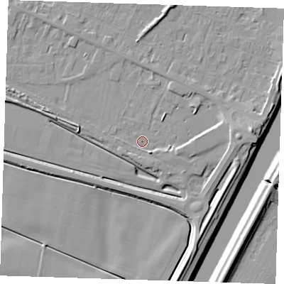 Shaded relief map of the ground around PE129UQ, computed from Environment Agency LiDAR. The ground here sits at about 4 m above sea level and falls 10 m across the surrounding 800 m. Surface water reaching this point runs off ground lying to the east, 5.2 m higher.
