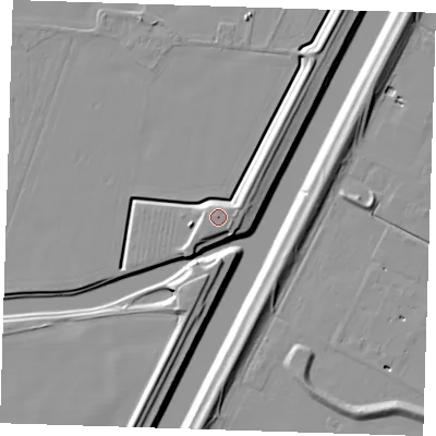 Shaded relief map of the ground around PE129UT, computed from Environment Agency LiDAR. The ground here sits at about 7 m above sea level and falls 9 m across the surrounding 800 m. The ground contributing surface water to this point lies to the east-north-east.