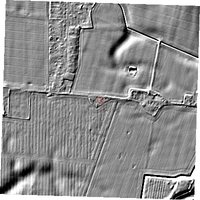 Shaded relief map of the ground around PE129UU, computed from Environment Agency LiDAR. The ground here sits at about 4 m above sea level and falls 8 m across the surrounding 800 m. The ground contributing surface water to this point lies to the west.