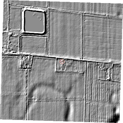 Shaded relief map of the ground around PE129UX, computed from Environment Agency LiDAR. The ground here sits at about 4 m above sea level and falls 5 m across the surrounding 800 m. Surface water reaching this point runs off ground lying to the north-west, 0.6 m higher.