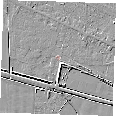 Shaded relief map of the ground around PE129UY, computed from Environment Agency LiDAR. The ground here sits at about 3 m above sea level and falls 7 m across the surrounding 800 m. Surface water reaching this point runs off ground lying to the south-east, 4.0 m higher.