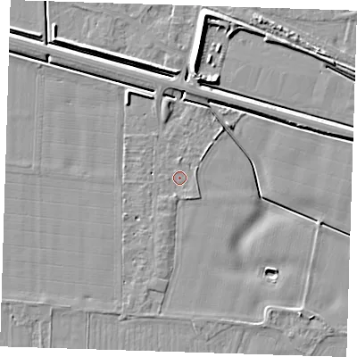 Shaded relief map of the ground around PE129UZ, computed from Environment Agency LiDAR. The ground here sits at about 4 m above sea level and falls 7 m across the surrounding 800 m. Surface water reaching this point runs off ground lying to the south-south-east, 1.2 m higher.