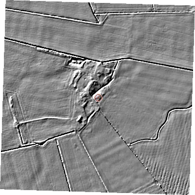 Shaded relief map of the ground around PE129WA, computed from Environment Agency LiDAR. The ground here sits at about 3 m above sea level and falls 4 m across the surrounding 800 m. Surface water reaching this point runs off ground lying to the west-north-west, 1.6 m higher.