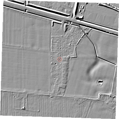 Shaded relief map of the ground around PE129XA, computed from Environment Agency LiDAR. The ground here sits at about 4 m above sea level and falls 7 m across the surrounding 800 m. Surface water reaching this point runs off ground lying to the south-south-east, 0.6 m higher.