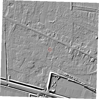Shaded relief map of the ground around PE129XD, computed from Environment Agency LiDAR. The ground here sits at about 4 m above sea level and falls 7 m across the surrounding 800 m. Surface water reaching this point runs off ground lying to the north-west, 1.3 m higher.