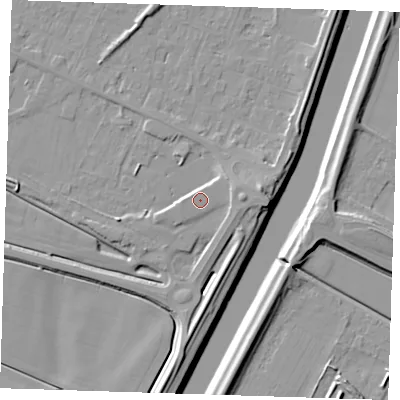 Shaded relief map of the ground around PE129XE, computed from Environment Agency LiDAR. The ground here sits at about 6 m above sea level and falls 10 m across the surrounding 800 m. Surface water reaching this point runs off ground lying to the east-north-east, 1.6 m higher.