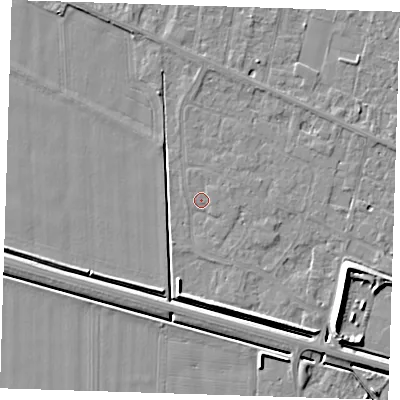 Shaded relief map of the ground around PE129XF, computed from Environment Agency LiDAR. The ground here sits at about 4 m above sea level and falls 7 m across the surrounding 800 m. Surface water reaching this point runs off ground lying to the south-east, 0.6 m higher.
