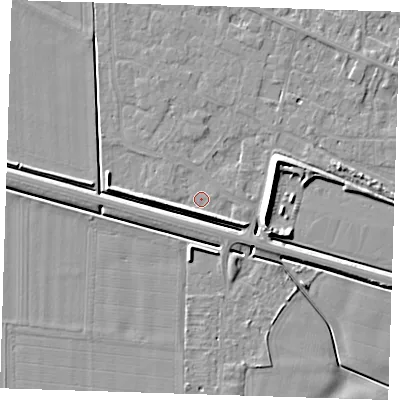 Shaded relief map of the ground around PE129XJ, computed from Environment Agency LiDAR. The ground here sits at about 4 m above sea level and falls 7 m across the surrounding 800 m. Surface water reaching this point runs off ground lying to the south, 4.0 m higher.