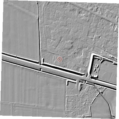 Shaded relief map of the ground around PE129XN, computed from Environment Agency LiDAR. The ground here sits at about 4 m above sea level and falls 7 m across the surrounding 800 m. Surface water reaching this point runs off ground lying to the south, 0.7 m higher.
