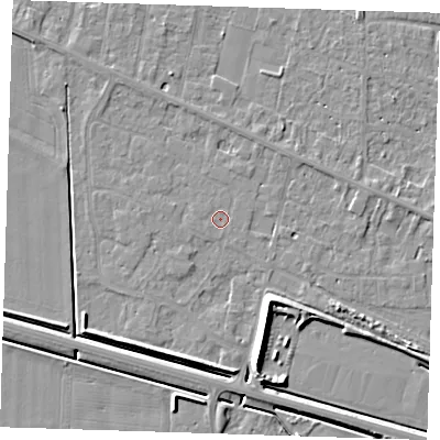 Shaded relief map of the ground around PE129XQ, computed from Environment Agency LiDAR. The ground here sits at about 4 m above sea level and falls 7 m across the surrounding 800 m. The ground contributing surface water to this point lies to the west.