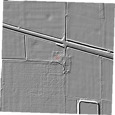 Shaded relief map of the ground around PE129XT, computed from Environment Agency LiDAR. The ground here sits at about 4 m above sea level and falls 4 m across the surrounding 800 m. Surface water reaching this point runs off ground lying to the south-south-west, 1.5 m higher.