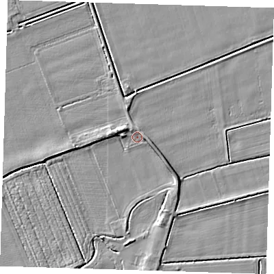 Shaded relief map of the ground around PE129XW, computed from Environment Agency LiDAR. The ground here sits at about 4 m above sea level and falls 4 m across the surrounding 800 m. Surface water reaching this point runs off ground lying to the east-south-east, 2.3 m higher.