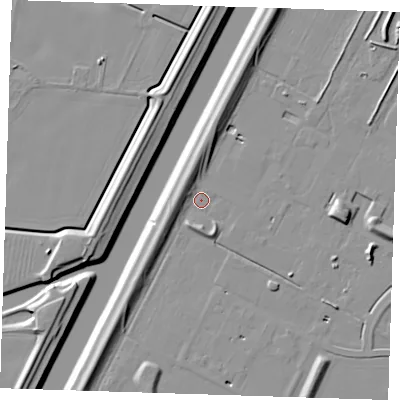 Shaded relief map of the ground around PE129XZ, computed from Environment Agency LiDAR. The ground here sits at about 3 m above sea level and falls 9 m across the surrounding 800 m. Surface water reaching this point runs off ground lying to the north-west, 4.9 m higher.